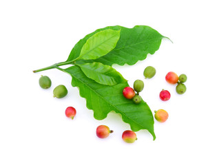 fresh coffee beans with leaves isolated on white background