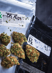 Medical marijuana buds on prescription package