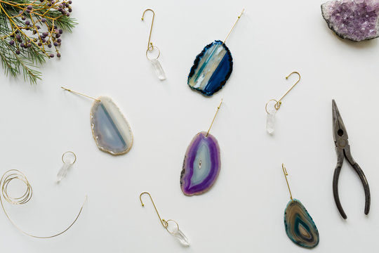 Agate slice and crystal Christmas ornaments 