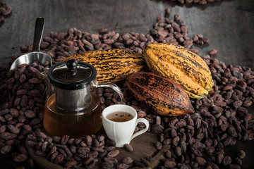 Cocoa Beans and Cocoa Fruits on wooden