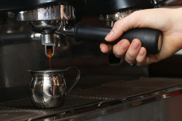 Fototapeta na wymiar Barista Cafe Making Coffee Preparation Service Concept. barista hold coffee cone
