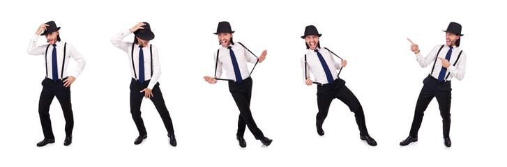 Man wearing hat and suspenders isolated on white