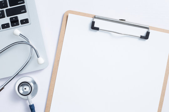 Workplace Of Doctor With Laptop And Stethoscope With Copy Space