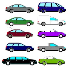 A set of vector sketches of ten retro cars that were released during the 1960s