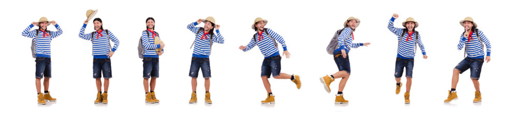 A tourist with bags isolated on white