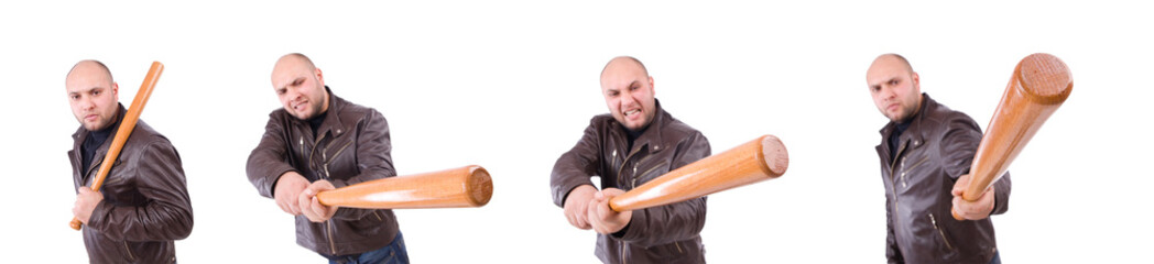 Violent man with baseball bat on white