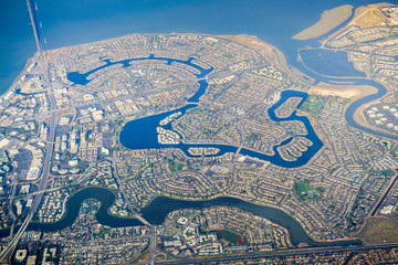 Aerial view Foster City,  a planned city located in San Mateo County, San Francisco bay, California