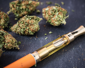 One Gram THC/CBD Cannabis oil filled vape pen with marijuana buds up close
