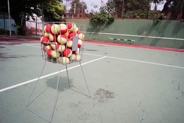 Closeup the steel basket with tennis balls inside. Tennis for kids.