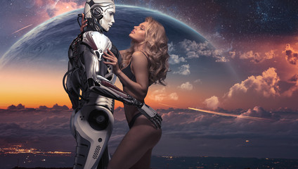 A beautiful blonde in black underwear standing with a male robot, virtual relationship with human...