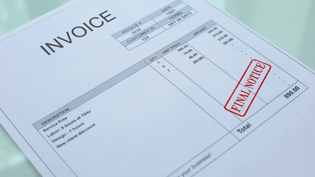 Invoice final notice, hand stamping seal on commercial document, business