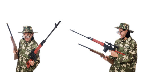 Soldier with weapons isolated on white