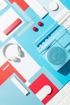 Boom box /cassette player in abstract designed composition.