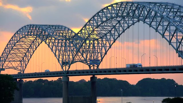 Sunset view of the Hernando DeSoto Bridge Southern Tennessee on Interstate 40 across the Mississippi River United States of America