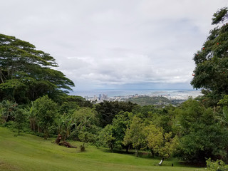 Aerial view of the Honolulu Port, Punchbowl, and downtown skyline