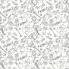 contour seamless illustration, pattern_4_travel to Europe France, symbols and attractions, set of drawings, print design and web Doodle decoration