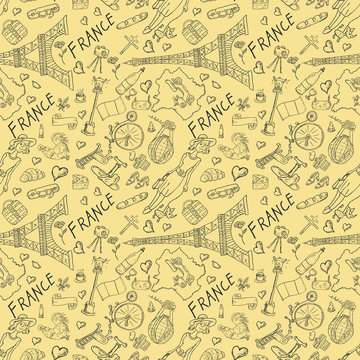 contour seamless illustration, pattern, travel to Europe France, symbols and attractions, set of drawings, print design and web Doodle decoration