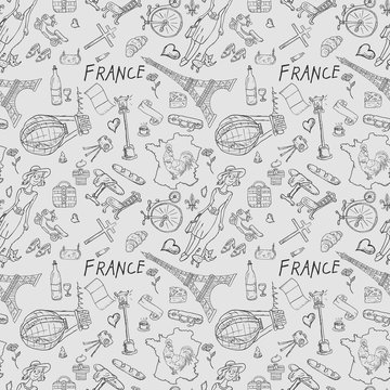 contour seamless illustration, pattern_3_travel to Europe France, symbols and attractions, set of drawings, print design and web Doodle decoration