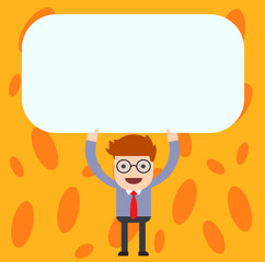 Business Empty template for Layout for invitation greeting card promotion poster voucher. Man Standing Holding Above his Head Blank Rectangular Colored Board