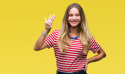 Young beautiful blonde woman over isolated background showing and pointing up with fingers number four while smiling confident and happy.