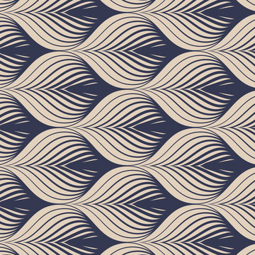 Geometric vector pattern, repeating tile texture decumbent scale of fish or fish squama shapes or leaves petal motif, single color with dark blue and white. Pattern is clean usable for wallpaper