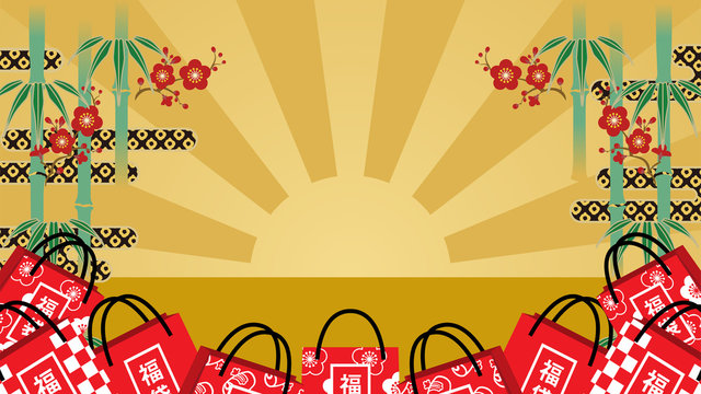 福袋と初日の出　竹林　梅の花　背景素材