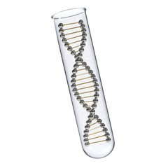 Golden DNA molecule in test tube isolated on white background. Science and medical concept illustration. 3D Rendering