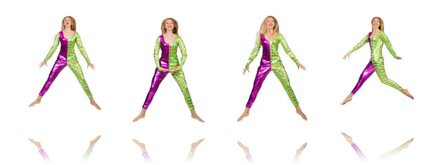 Woman wearing clown costume isolated on white