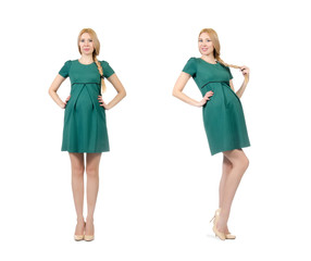 Beautiful pregnant woman in green dress isolated on white
