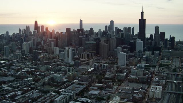 Aerial sunrise cityscape view of Chicago Illinois US