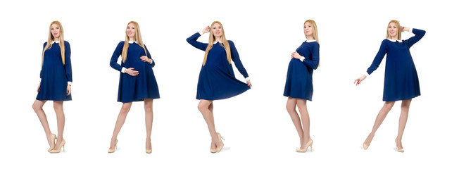 Fototapeta premium Beautiful pregnant woman in blue dress isolated on white