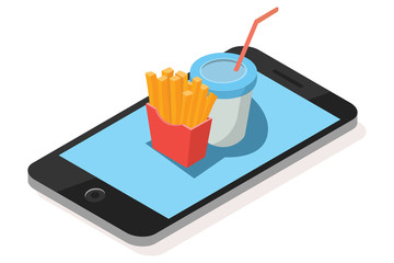 Isometric illustration of food ordering with mobile, vector illustration