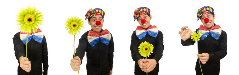 Funny clown with flowers isolated on white