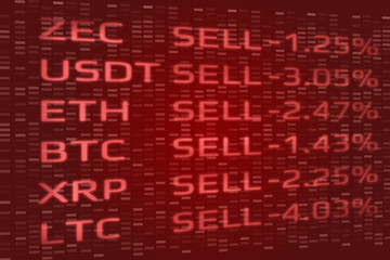 Crypto Currency market panic sell concept. Double exposure of digital coins price drop and binary data background. Both in red color theme to indicate bearish stage.