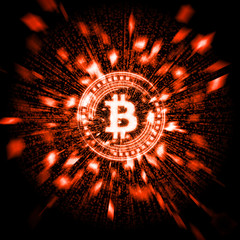 Glowing red hot bitcoin (BTC) with explosion particles and warp binary data background. 2d illustration for crypto currency panic sell price drop during bearish downtrend market exchange.