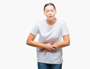 Young beautiful caucasian woman over isolated background with hand on stomach because indigestion, painful illness feeling unwell. Ache concept.