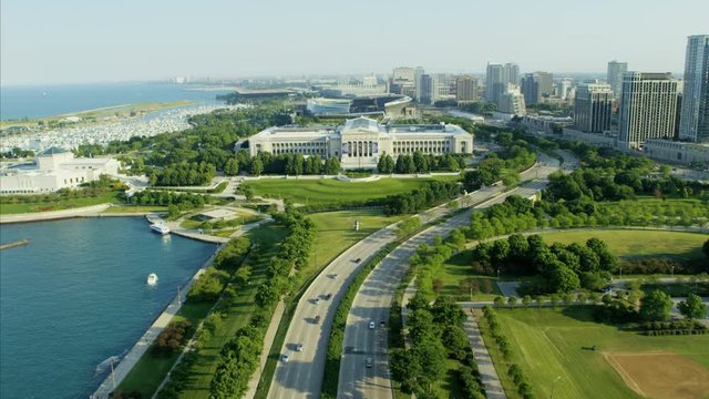 Aerial day view of Soldier Field Stadium Shedd Aquarium Lake Michigan Chicago City harbor Waterfront Illinois USA 