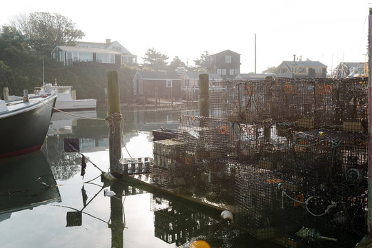 morning view of seaport with lobster traps