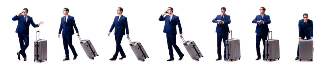 Young businessman with suitcase isolated on white background