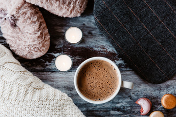 Hot chocolate, slippers, knitwear, macaroons and a hot water bottle. Cosy things.