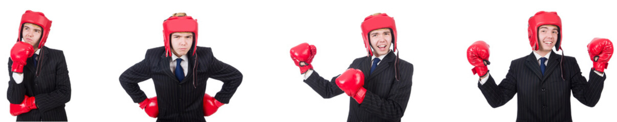 Young employee with boxing gloves isolated on white 