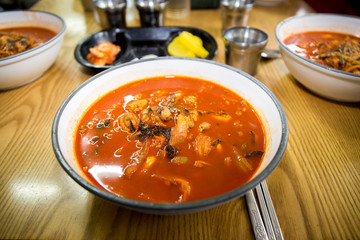 Jjamppong, Spicy Seafood Noodle Soup, Korean Food