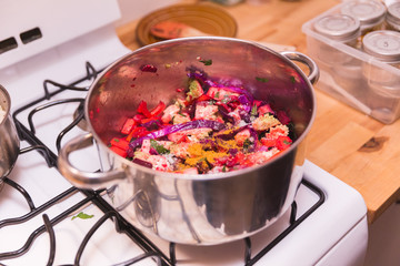 Cooking Vegetables and Spices, Veggies in Pot, Vegetarian Food