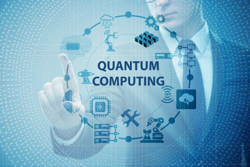Businessman pressing virtual button in quantum computing concept