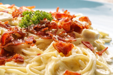 Hot Carbonara on wooden table