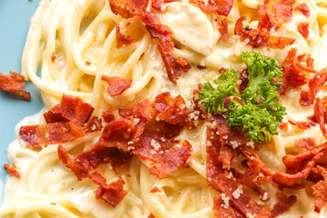 Hot Carbonara on wooden table