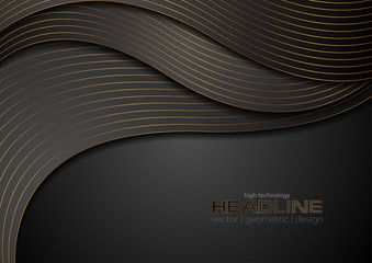 Black corporate wavy background with bronze lines