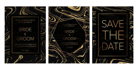 Luxury wedding invitation cards with black gold marble texture and gold geometric pattern vector design template.Trendy wedding invitation.All elements are isolated and editable.