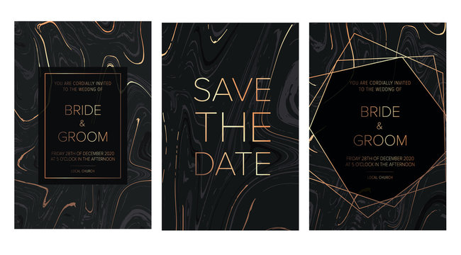 Luxury wedding invitation cards with black gold marble texture and gold geometric pattern vector design template.Trendy wedding invitation.All elements are isolated and editable.