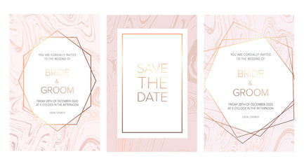 Luxury wedding invitation cards with rose marble texture and gold geometric pattern vector design template.Trendy wedding invitation.All elements are isolated and editable.